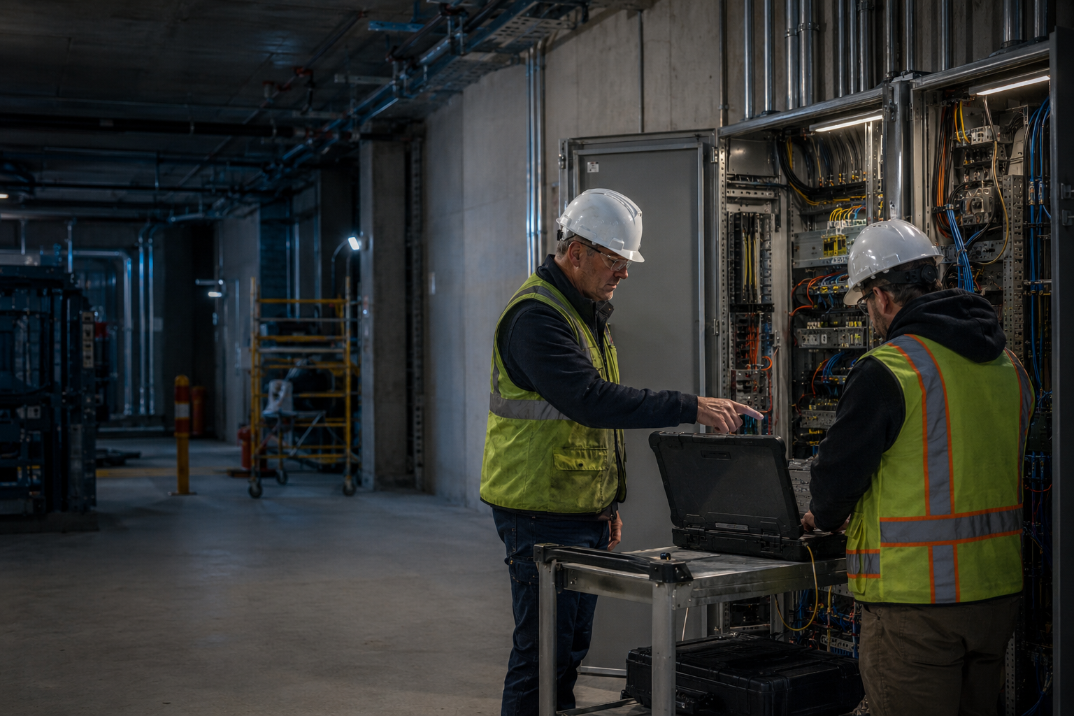 Controls engineer and field technician validating integrated electrical and control equipment on an active mission-critical site.